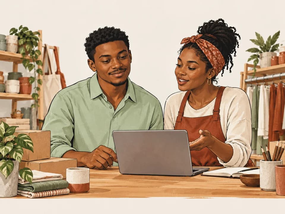 Illustration of a founder discussing a product with a business owner